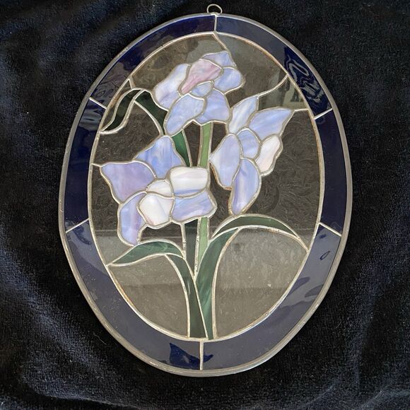 Vintage Handcrafted Large Stained Glass Suncatcher With Iris Flowers. No Cracks! - Picture 7 of 8